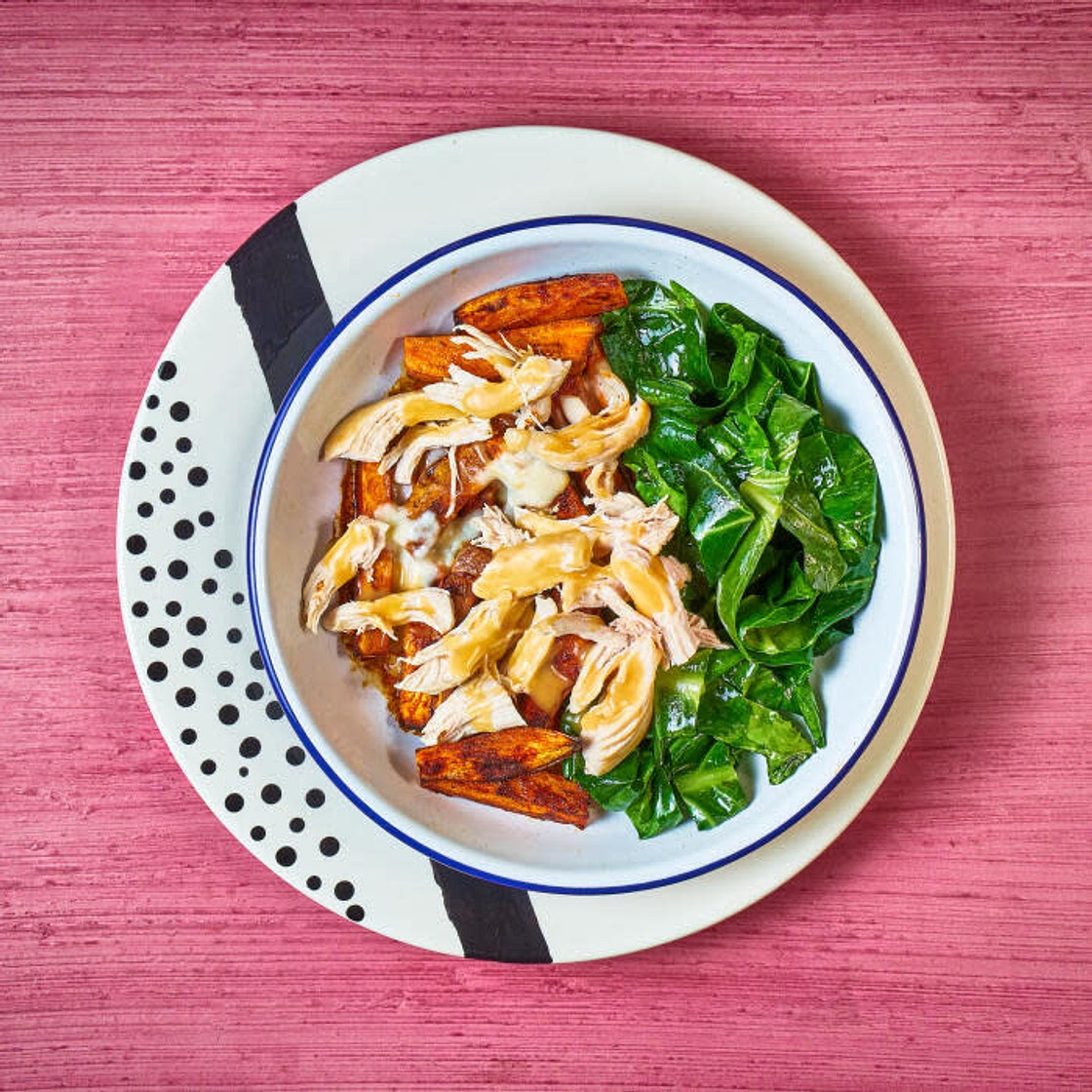 Chicken & sweet potato poutine with buttered greens