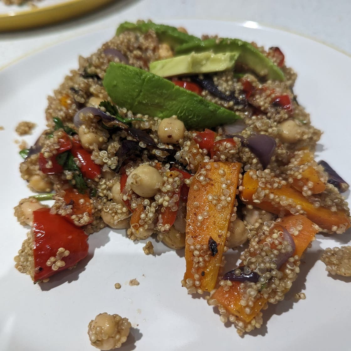 Roasted vegetable and chickpea quinoa salad