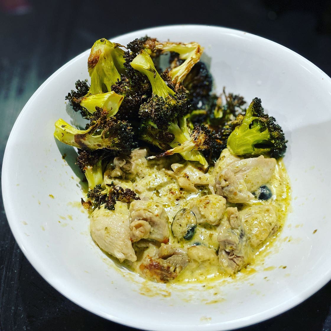 Keto pesto chicken casserole with feta cheese and olives
