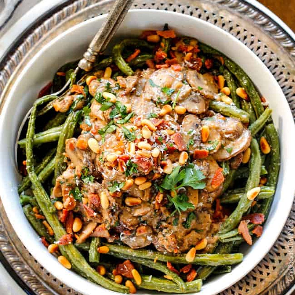 Roasted Green Beans with Bacon Mushroom Sauce
