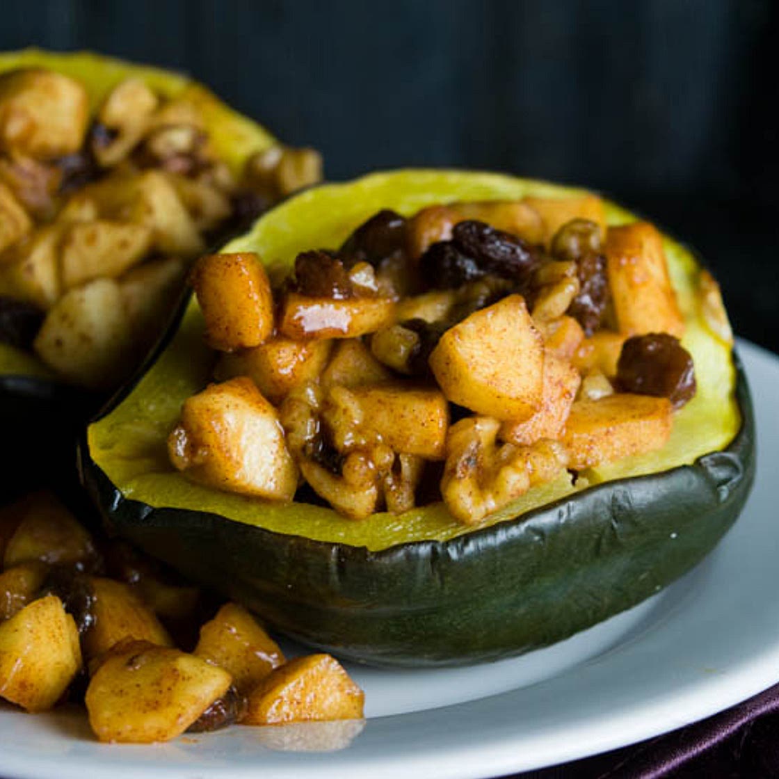 Stuffed Roasted Acorn Squash with Walnuts, Apples and Raisins