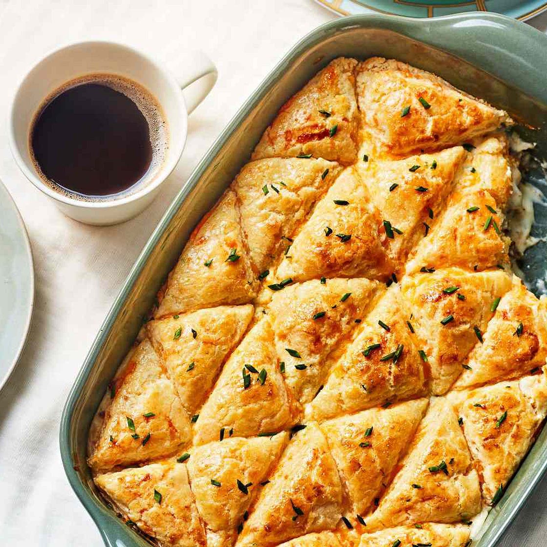 Sausage Gravy Casserole with Cheddar-Cornmeal Biscuits