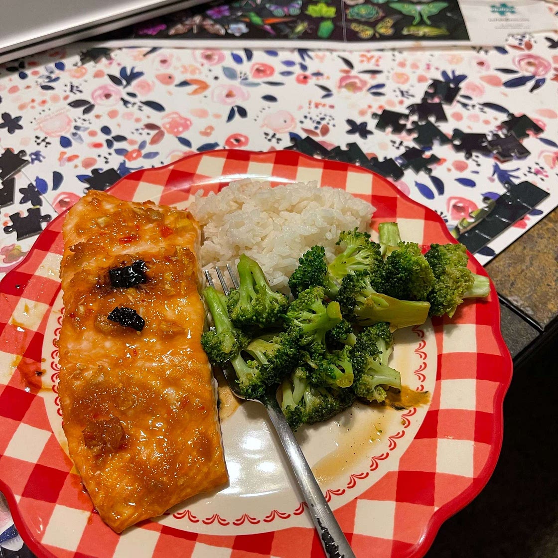 Honey, Chilli & Garlic Glazed Salmon & Greens