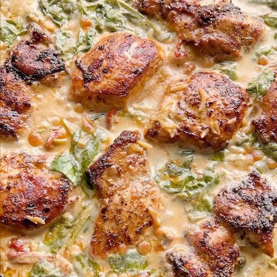 One Skillet Creamy Sun-Dried Tomato Chicken and Orzo. One of my favorite wintery recipes. I make this A LOT. Love that you only need 1 skillet. The chicken is super flavorful, but the creamy orzo really makes everyone excited. Everything cooked together is