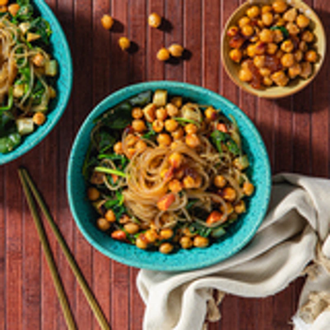 Korean Glass Noodles with Roasted Root Vegetables & Spicy Apricot Chickpeas