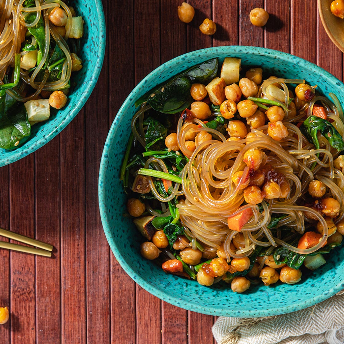 Korean Glass Noodles with Roasted Root Vegetables & Spicy Apricot Chickpeas