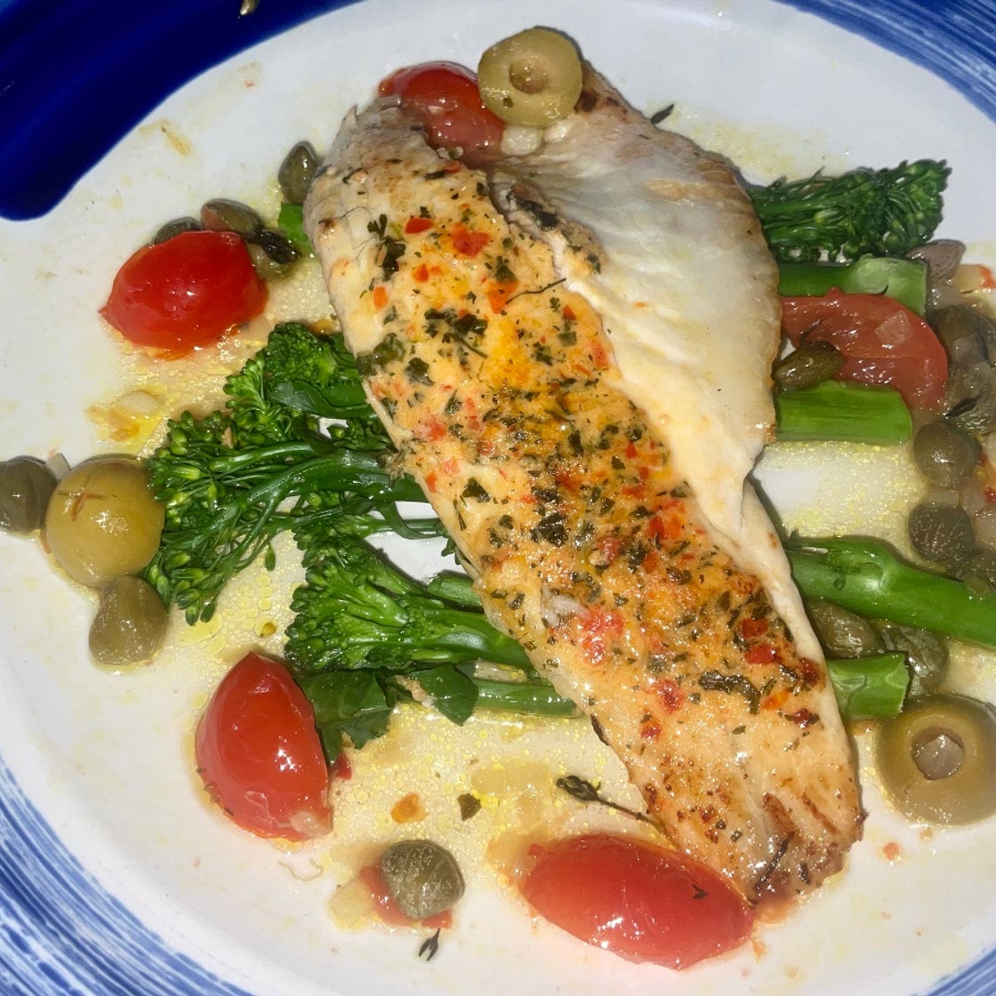Marinated Sea Bass Fillets with a Tomato, Olive and Caper Sauce