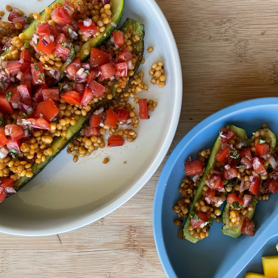 Bruschetta Zucchini Boats with Couscous and Melty Mozz