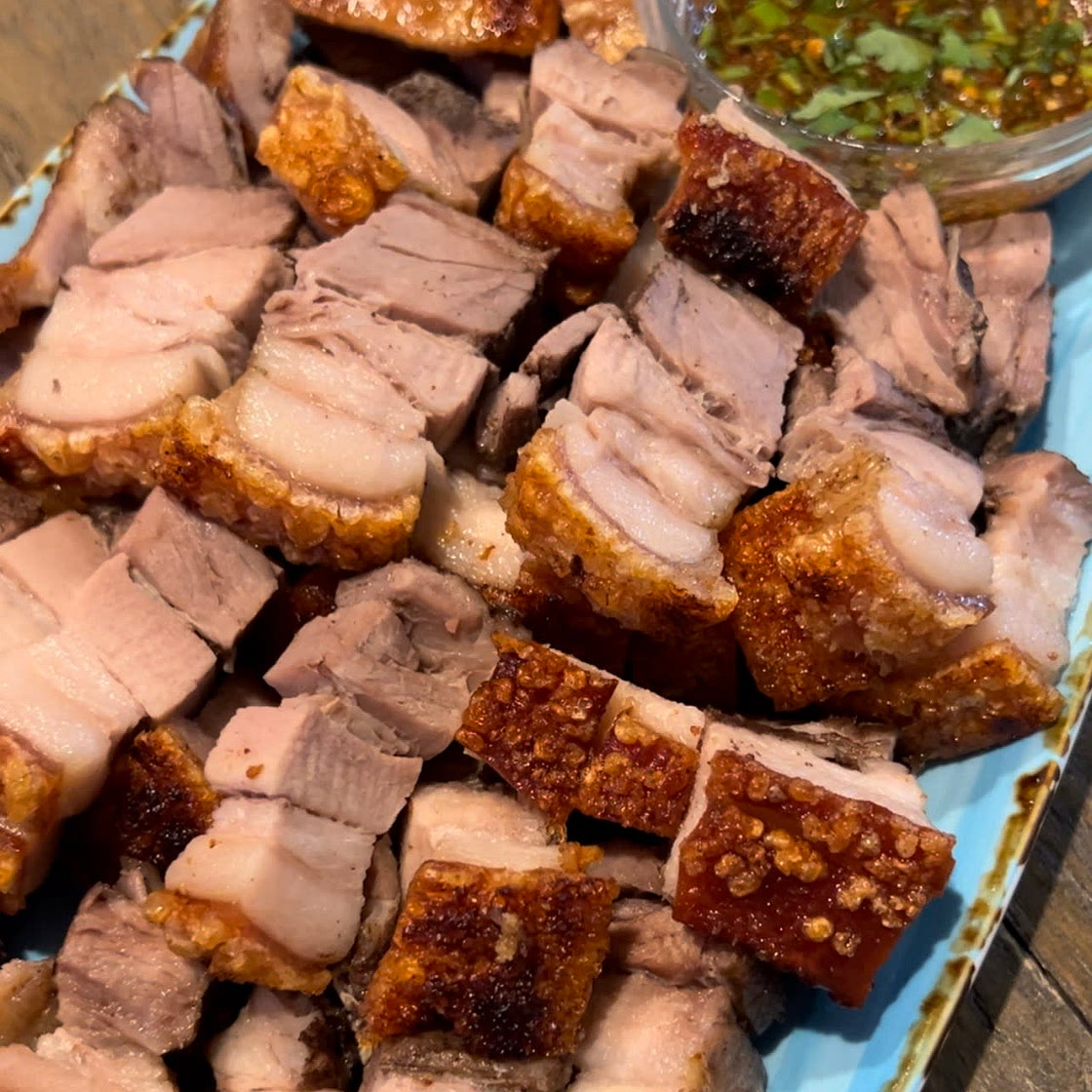 Crispy Juicy Pork Belly with spicy dipping sauce 