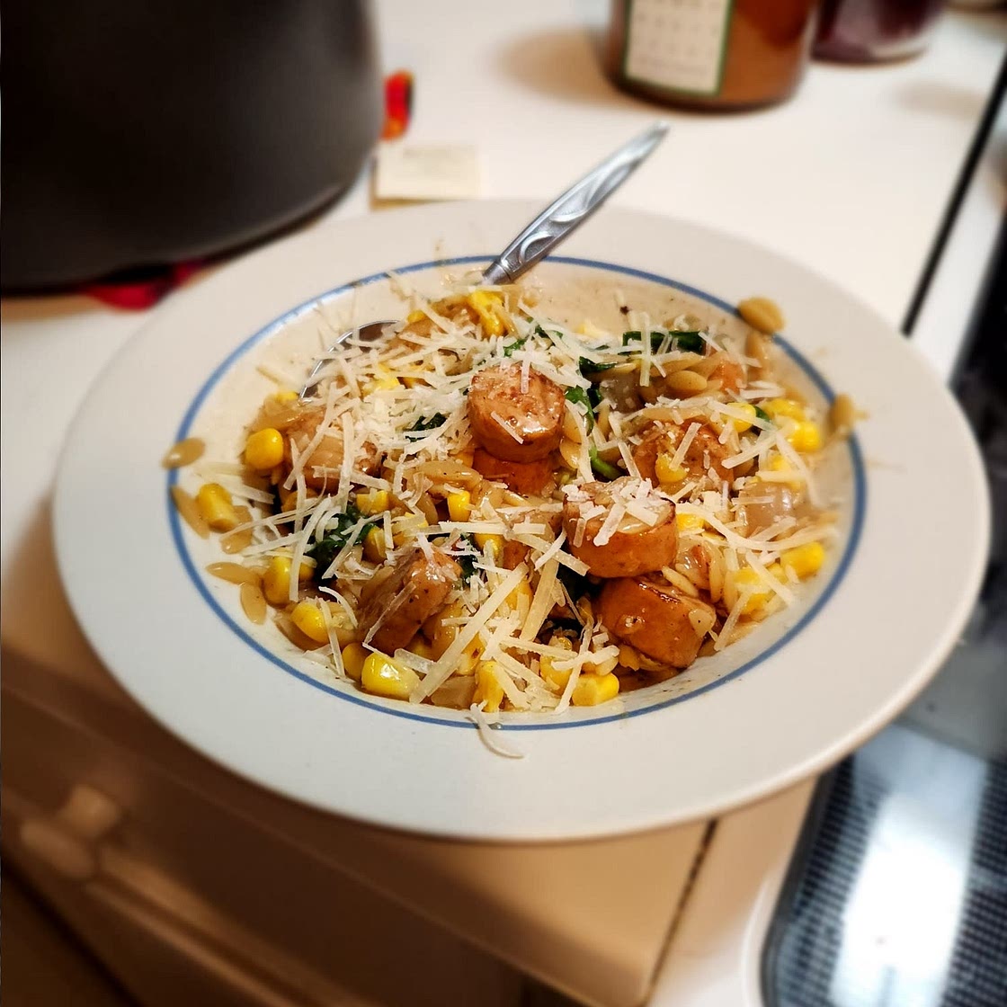 One-Pot Orzo with Sausage, Spinach and Corn