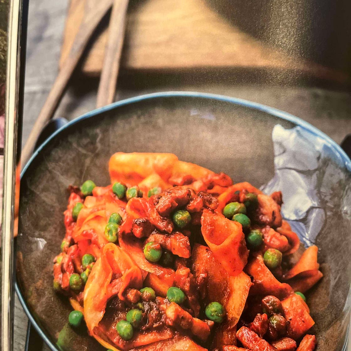 carrots  with bacon bits and peas