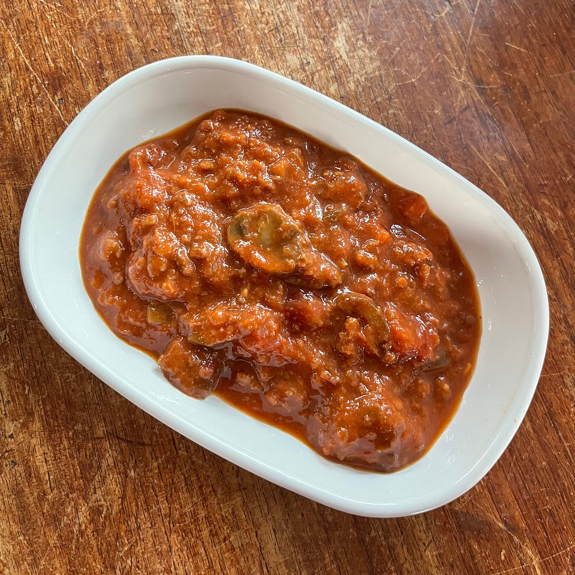 "Meaty" Vegan Spaghetti Sauce with Olives and Mushrooms