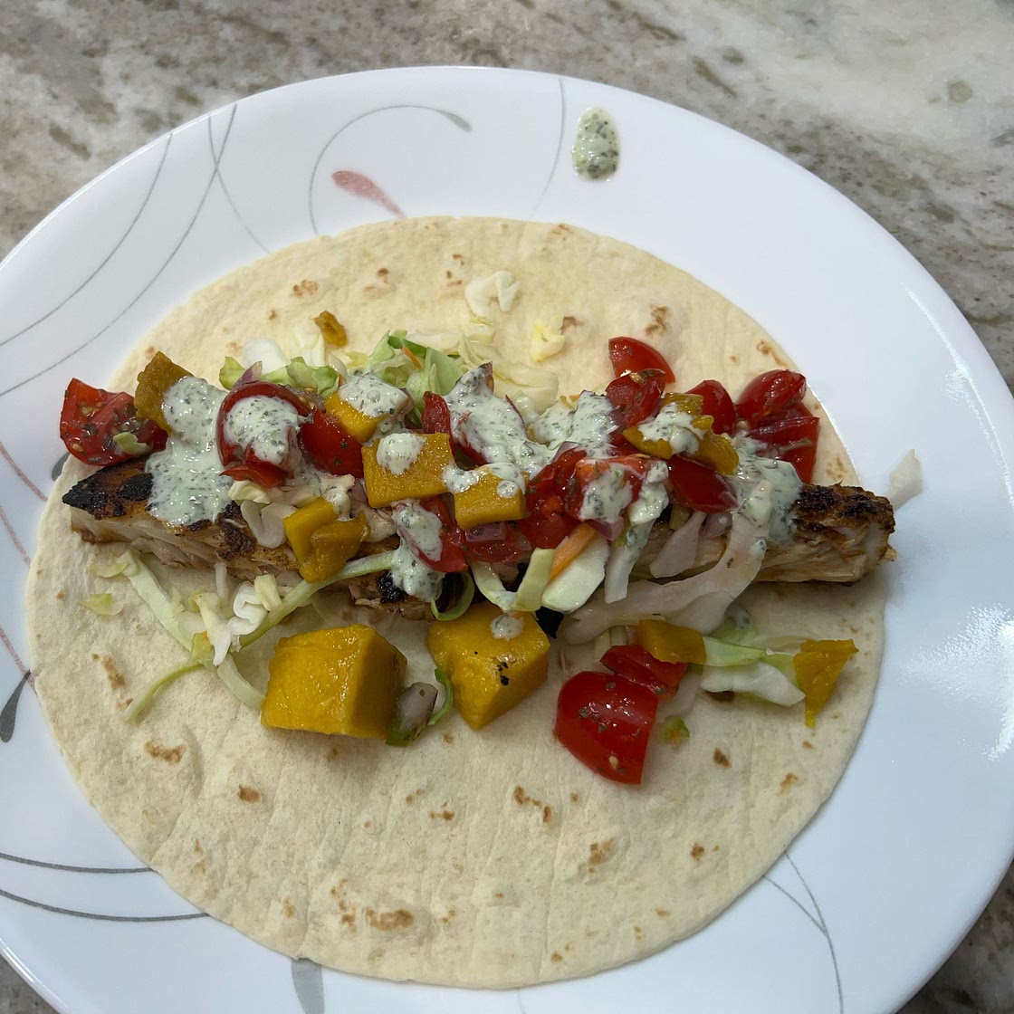 Blackened Mahi-Mahi Tacos with Peach Pico de Gallo and Cilantro Lime Sauce