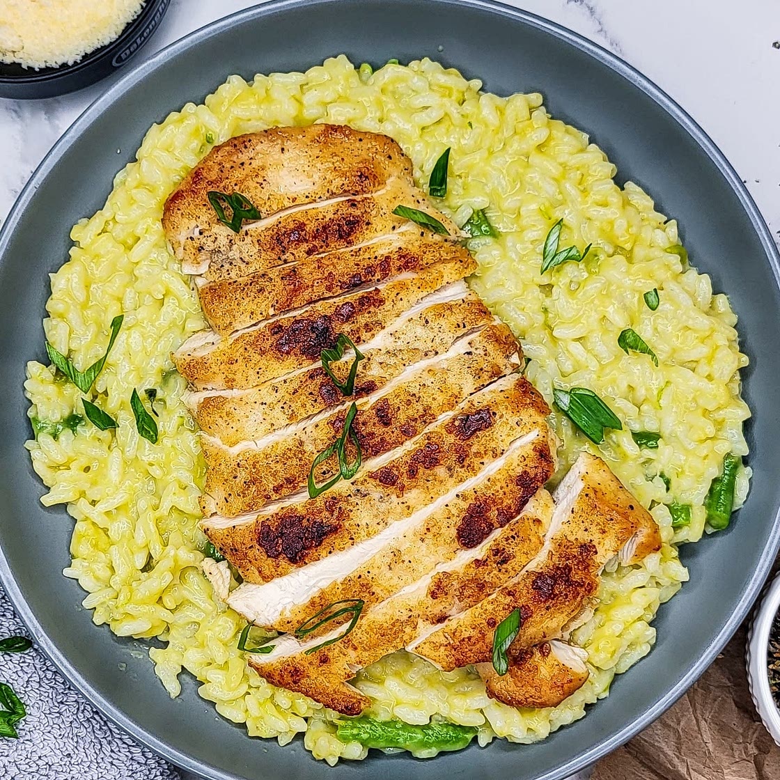 Parmesan Asparagus Risotto with Garlic Encrusted Chicken