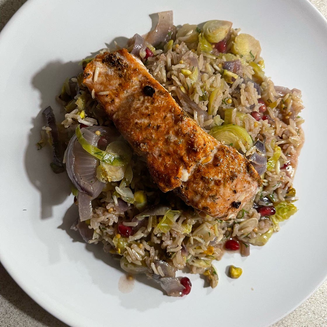 Spiced salmon and sprout traybake
