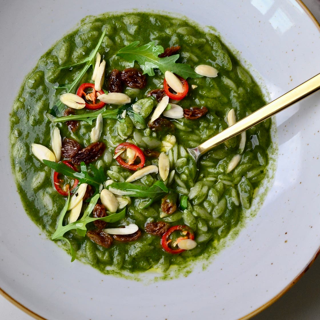 Vegan Orzo Pasta with chicory, chili and almonds