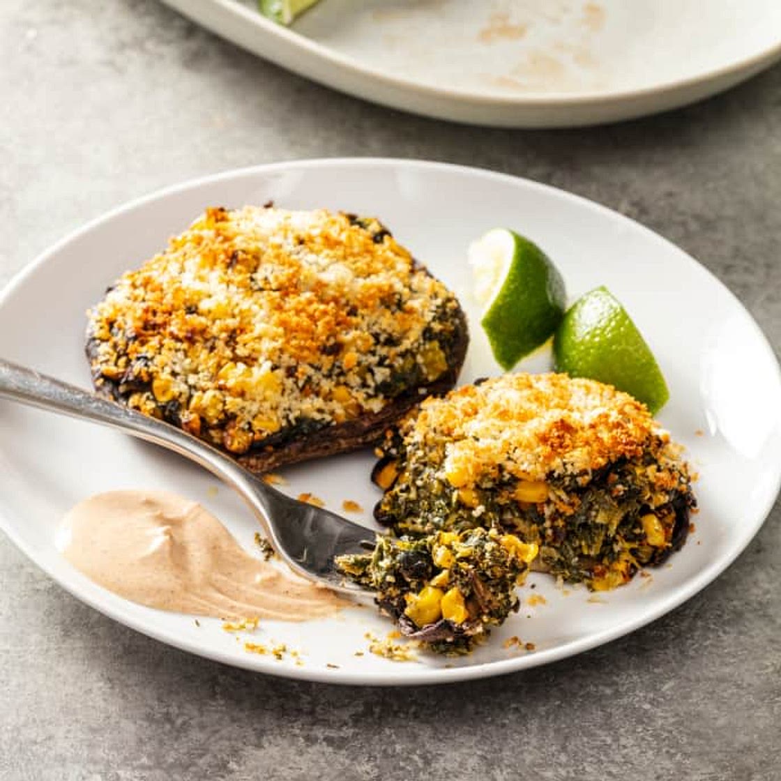 Air-Fryer Stuffed Portobello Mushrooms with Kale, Corn, and Pickled Jalapeños