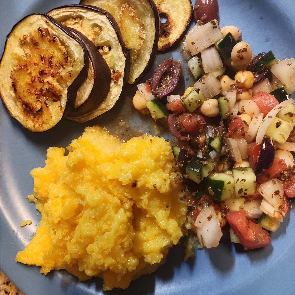 Grilled Eggplant with Creamy Polenta and Greek Relish