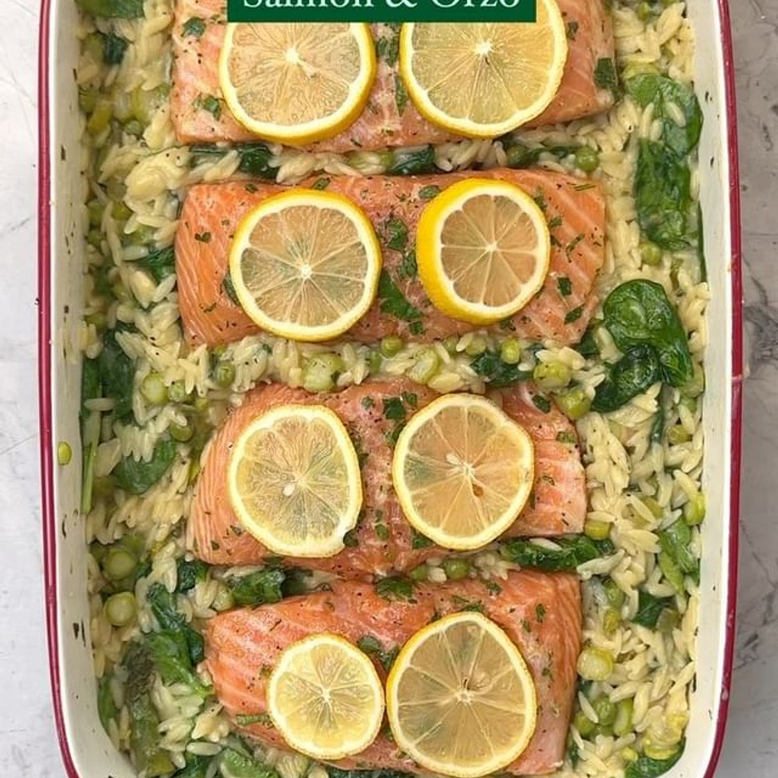 SAVE my veggie-packed ONE-PAN SALMON & ORZO DINNER for an easy weeknight dinner!! Ingredients -4 salmon filets -3 tbsp parsley chopped -3 tbsp melted butter -3 tbsp olive oil -3/4 tsp salt, -1/4 tsp pepper, -1 tsp garlic powder -1 lemon juiced -1 bundl