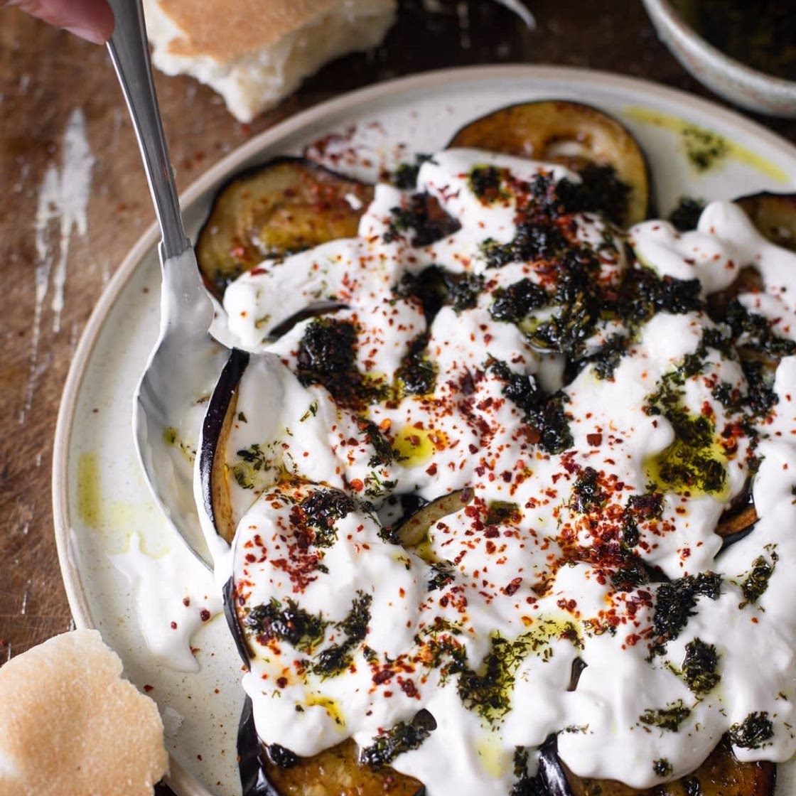 Fried Eggplant with garlic herb yogurt 