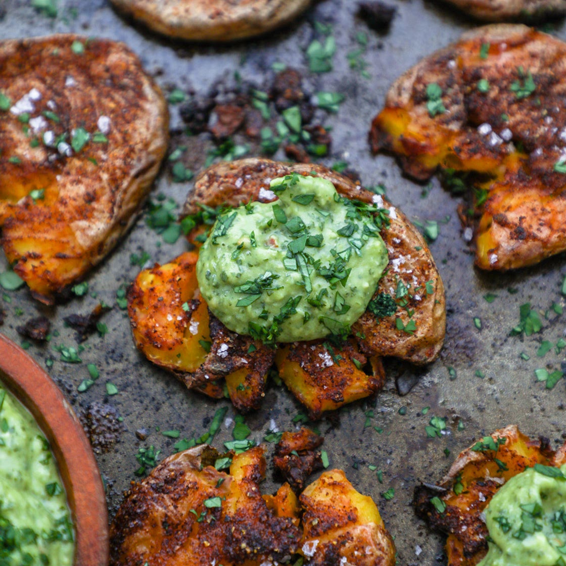 Crispy Chili Smashed Potatoes with Avocado Chimichurri