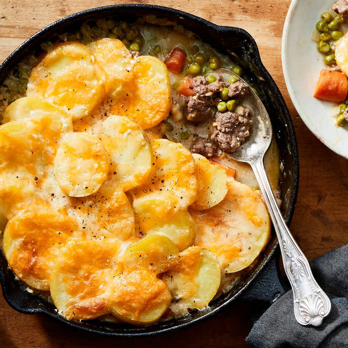 Cottage Pie with Grass-Fed Ground Beef topped with Scalloped Potatoes
