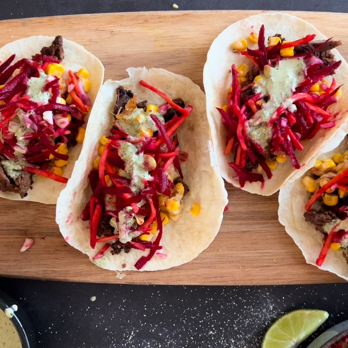 Beef Buligogi Tacos with Cheesy Corn and Carrot/Beet Cole Slaw