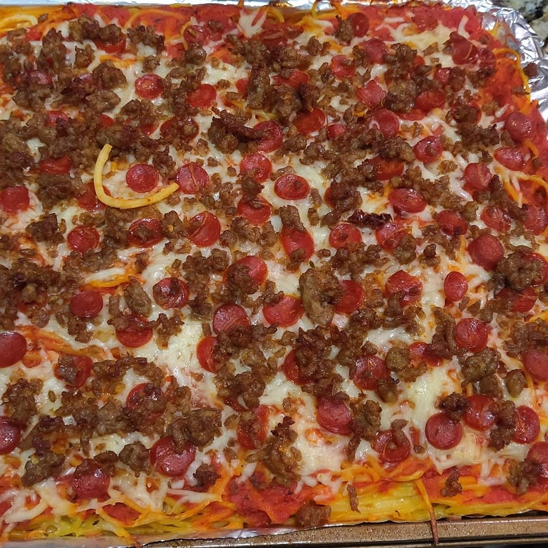 Sheet Pan Spaghetti Pizza