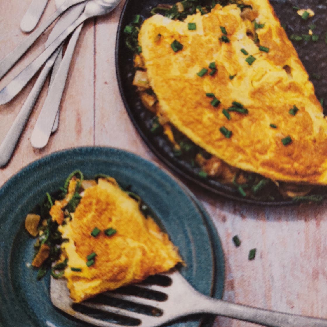 Omelette aux oignons nouveau et ciboulettes
