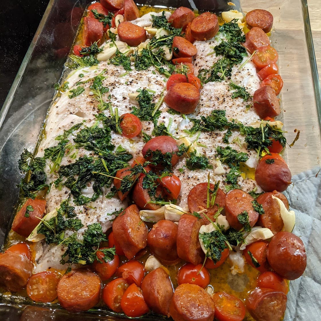 Halibut with Spicy Sausage, Tomatoes, and Rosemary