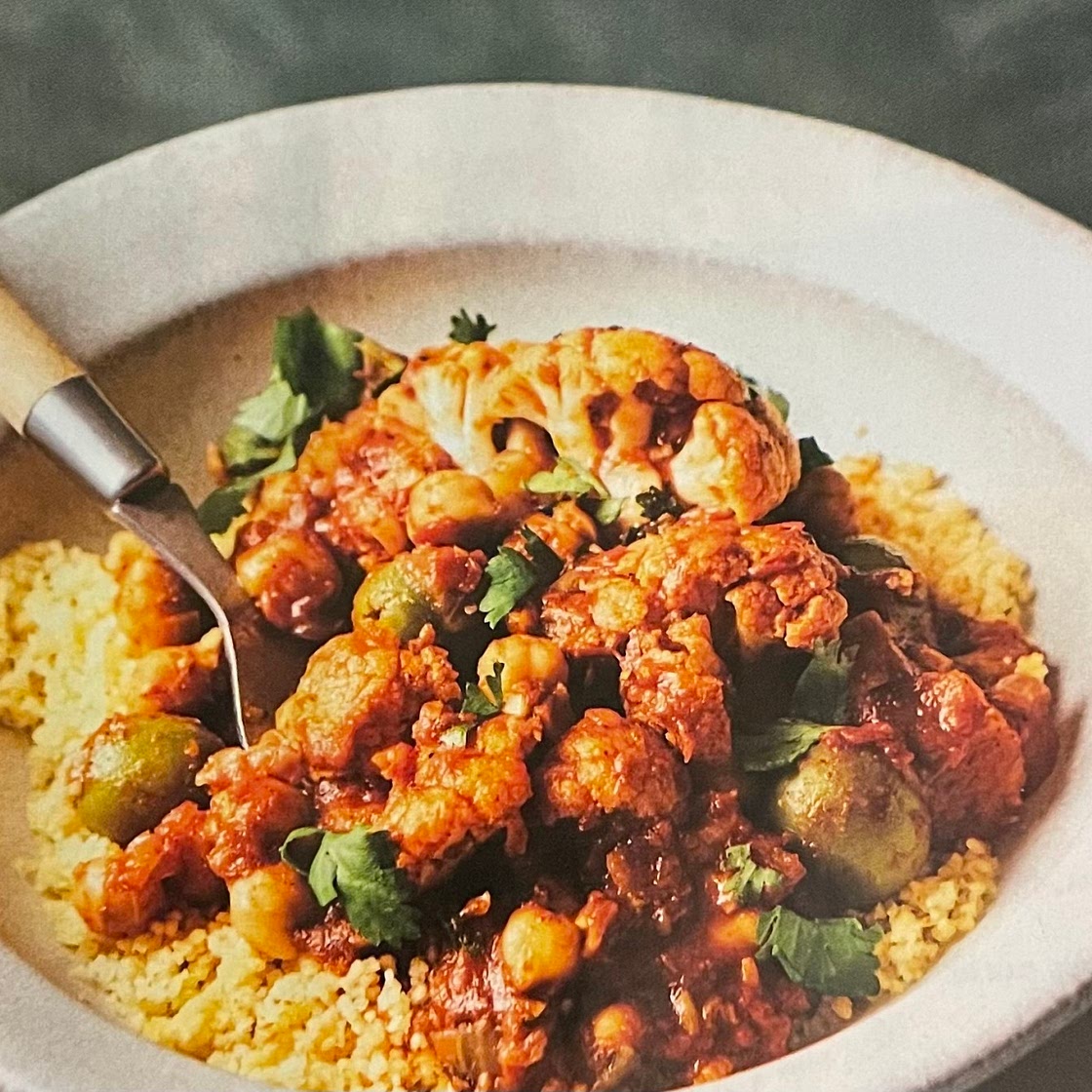 microwave cauliflower, olive, apricot, and chickpea tagine