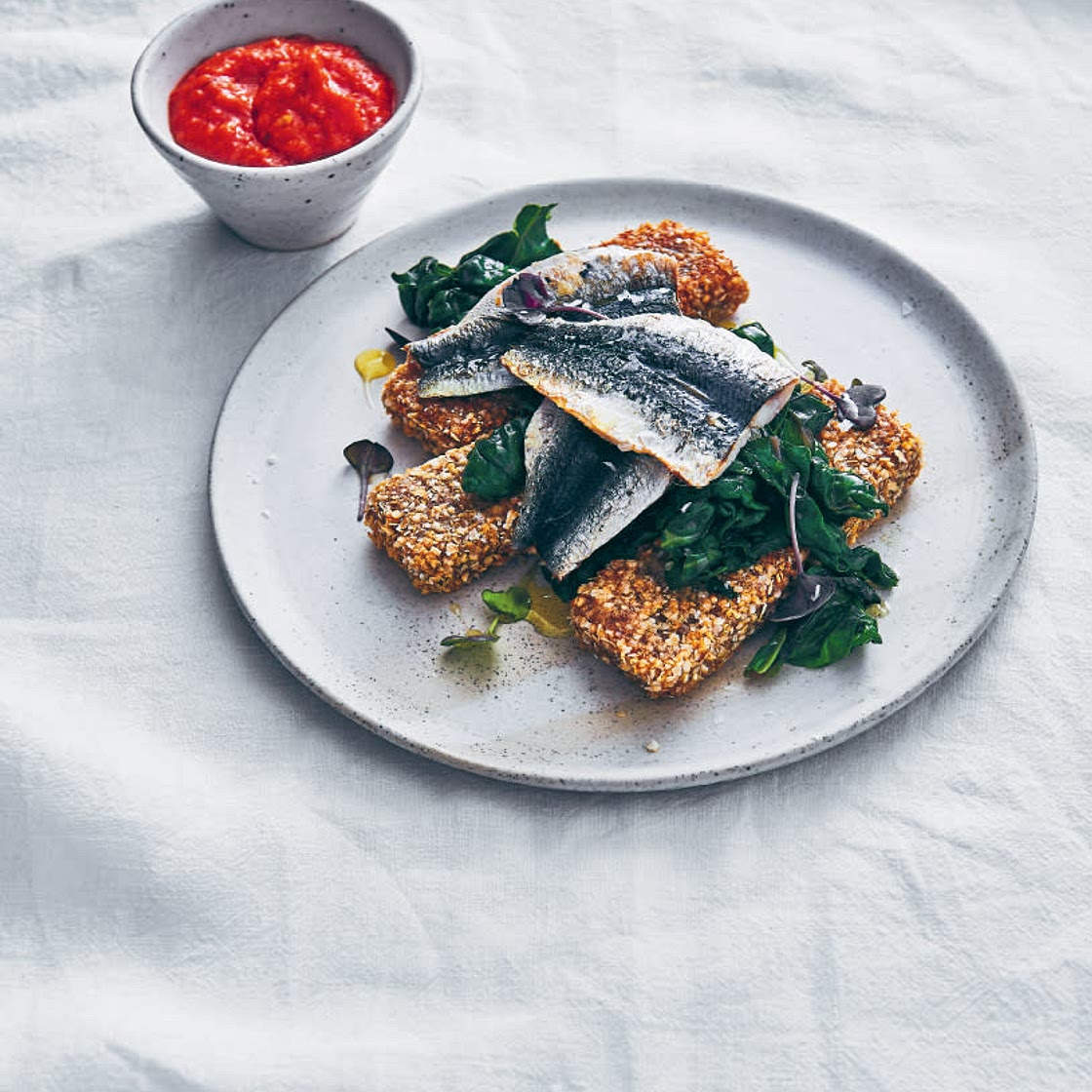 Grilled Sardines on Fried Buckwheat Cakes with Silverbeet & Harissa