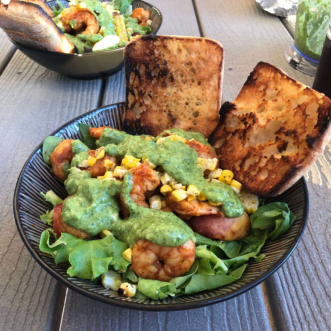 Zesty Grilled Shrimp, Bread and Sweet Peach Salad with Avocado Vinaigrette