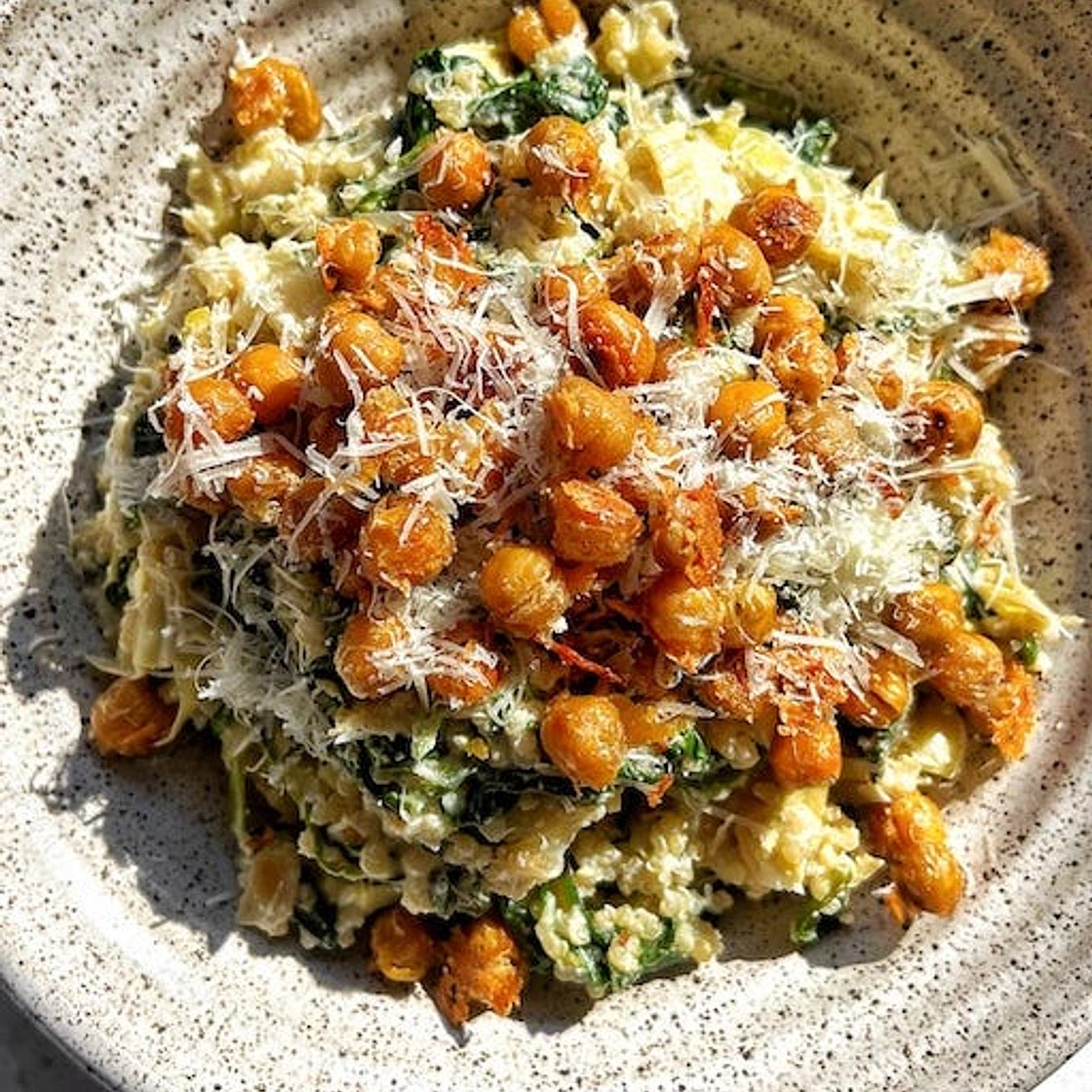 Spinach & Artichoke Dip Quinoa with Crispy Parmesan Chickpeas