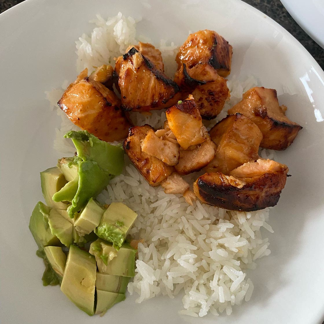 Air Fried Teriyaki Salmon Bites Rice Bowl