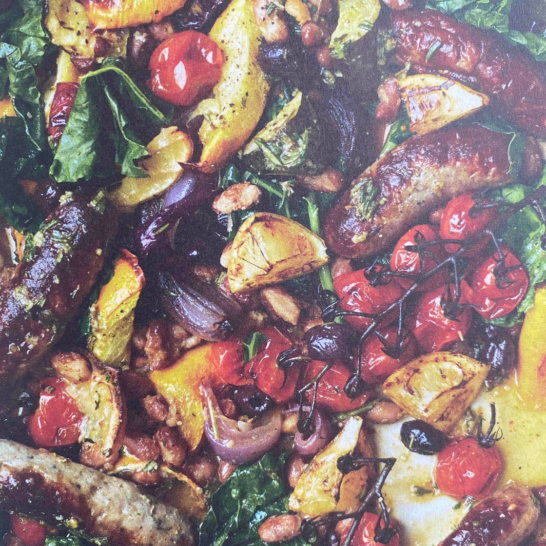 One-Tray Sausage, Greens and Beans Bake with Rosemary Pesto