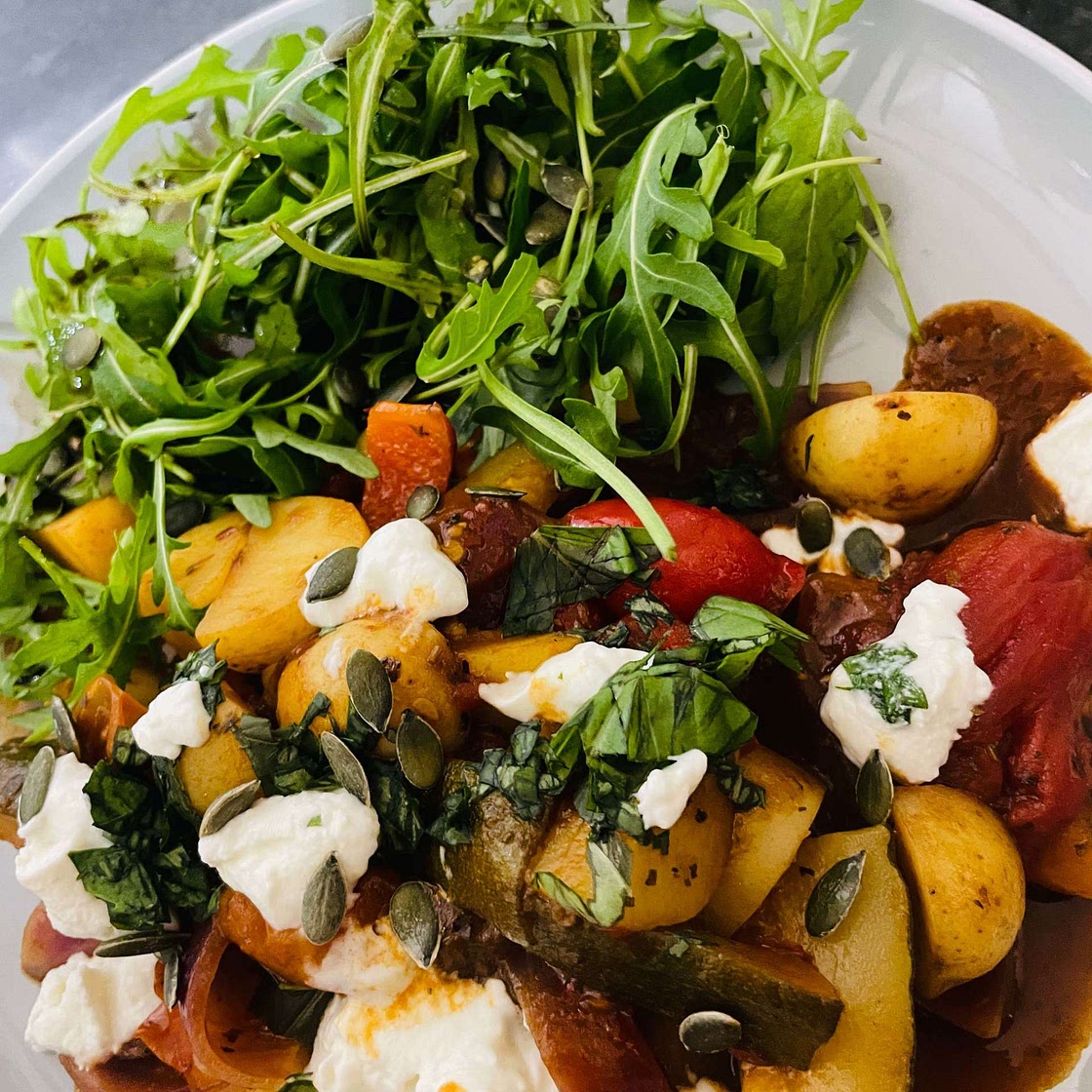 Chunky Mixed Veg Stew With Goats’ Cheese