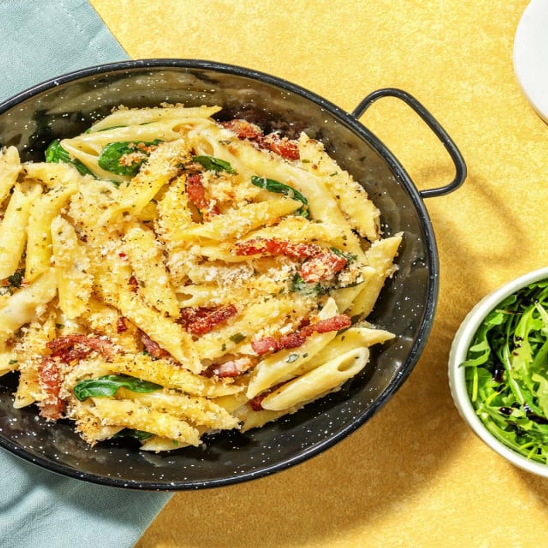 Bacon Crusted Cheese & Spinach Penne Bake with Balsamic Dressed Salad