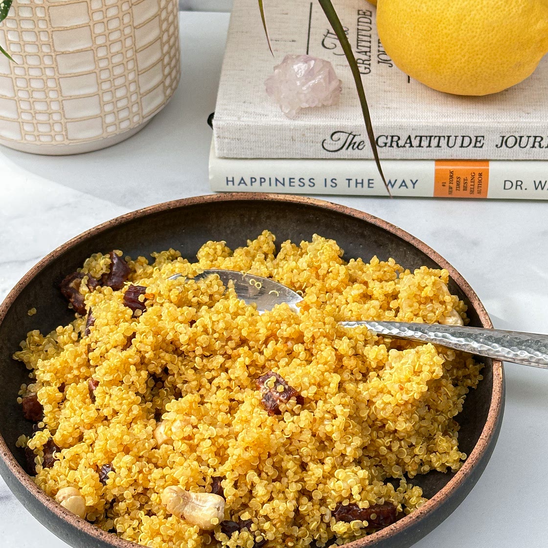Turmeric Quinoa with Dates and Roasted Cashews