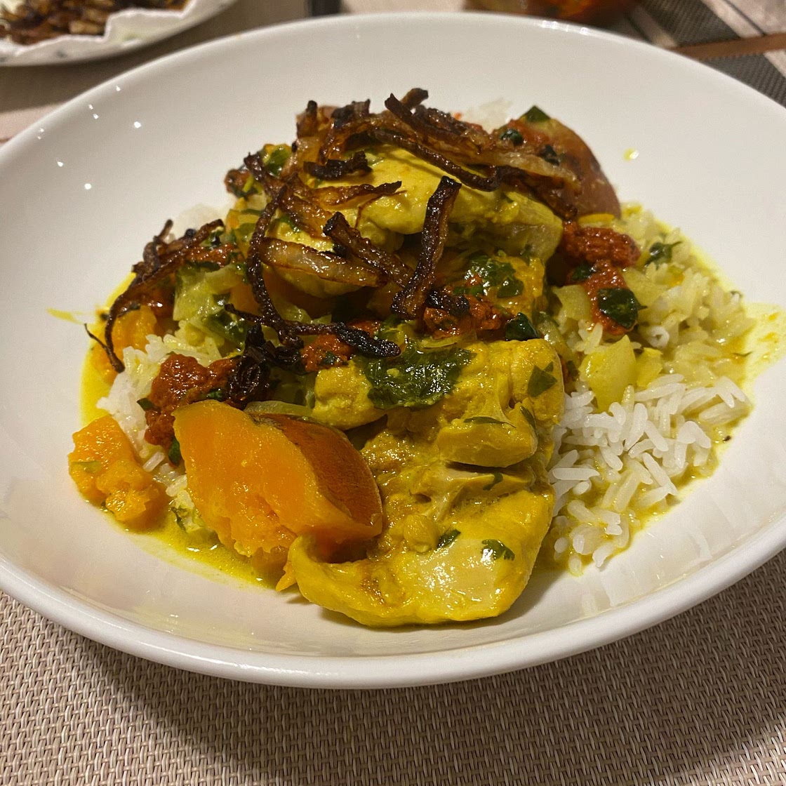Crockpot Coconut Chicken Curry with Crispy Shallot Basil Oil