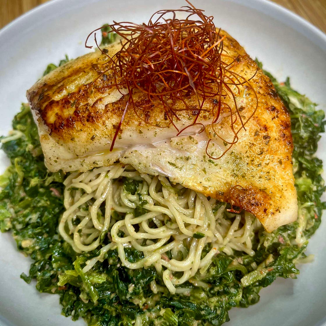 Creamy Spinach Mazemen with Red Snapper