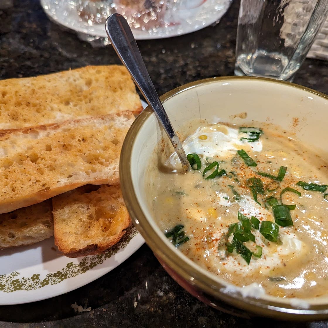 Sweet Corn & Poblano Chowder with Old Bay Toast