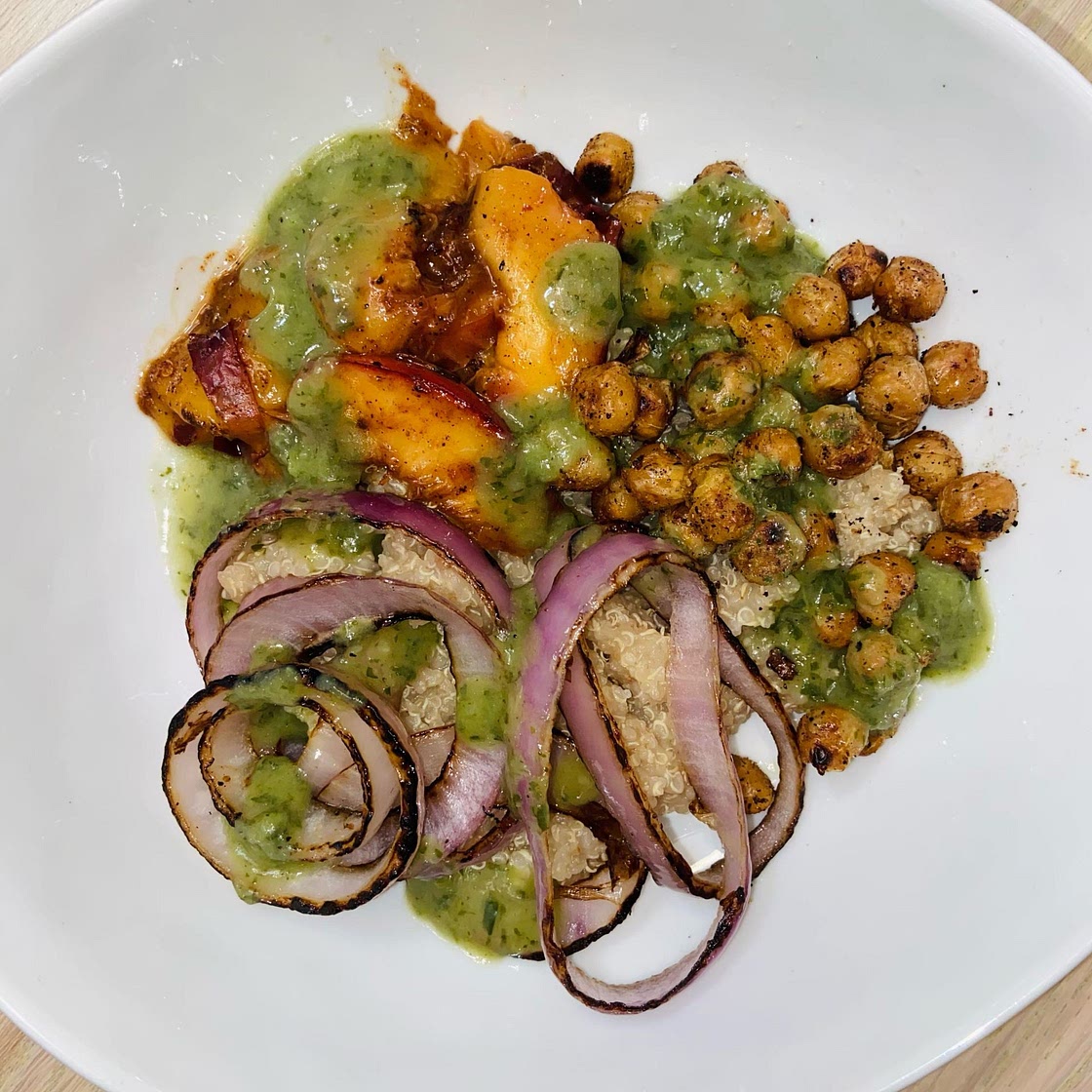 Crispy Chickpea Bowl with Spiced Grilled Peaches & Blackened Red Onions