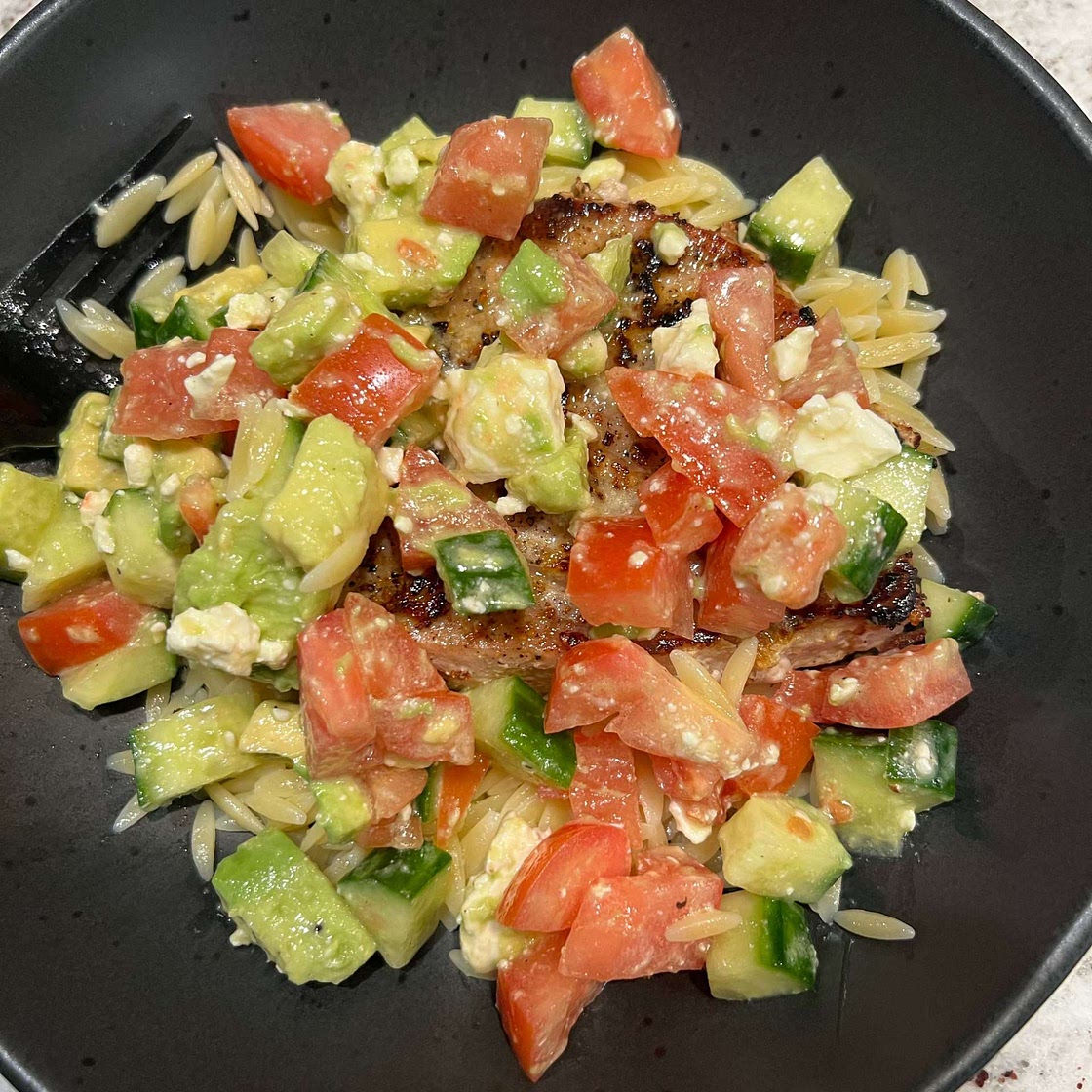 Grilled Salmon with Avocado Greek Salsa and Orzo