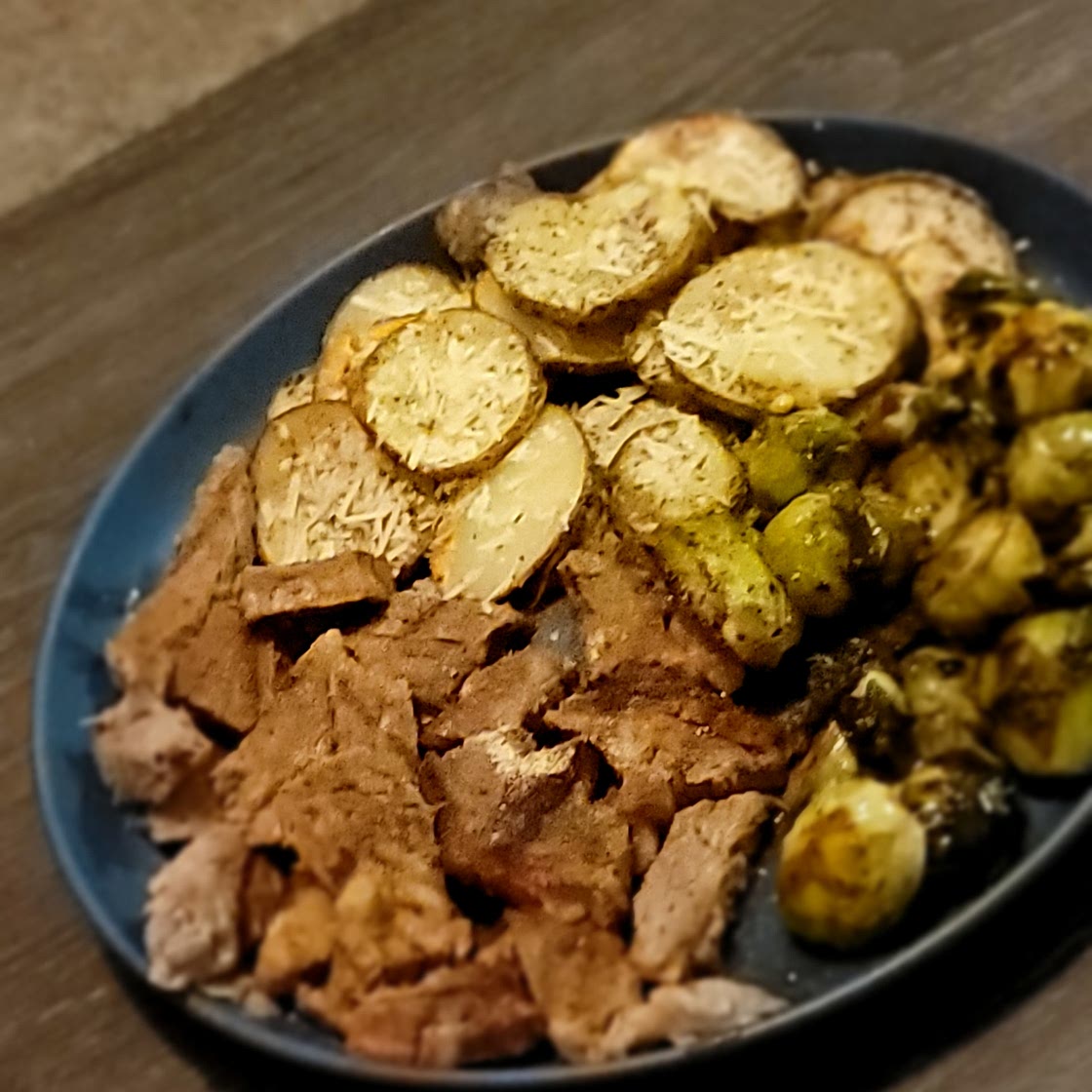 Steak, Parmesan Potato Clusters, and Balsamic Bacon Brussels Sprouts