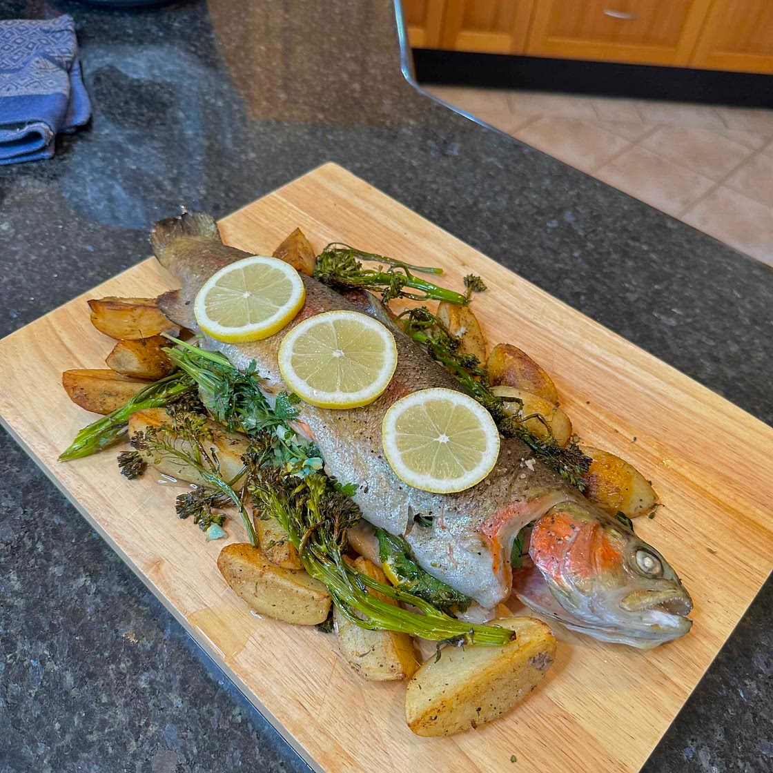Baked rainbow trout w/roast potato’s and broccolini 