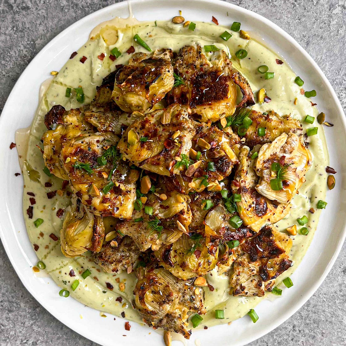 Smashed Artichokes with Lemon-Caper Avocado Cream