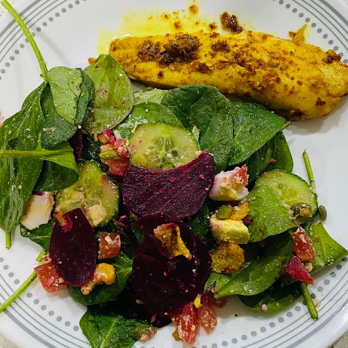 Spinach and Beets Salad with Pan Fried Tilapia 