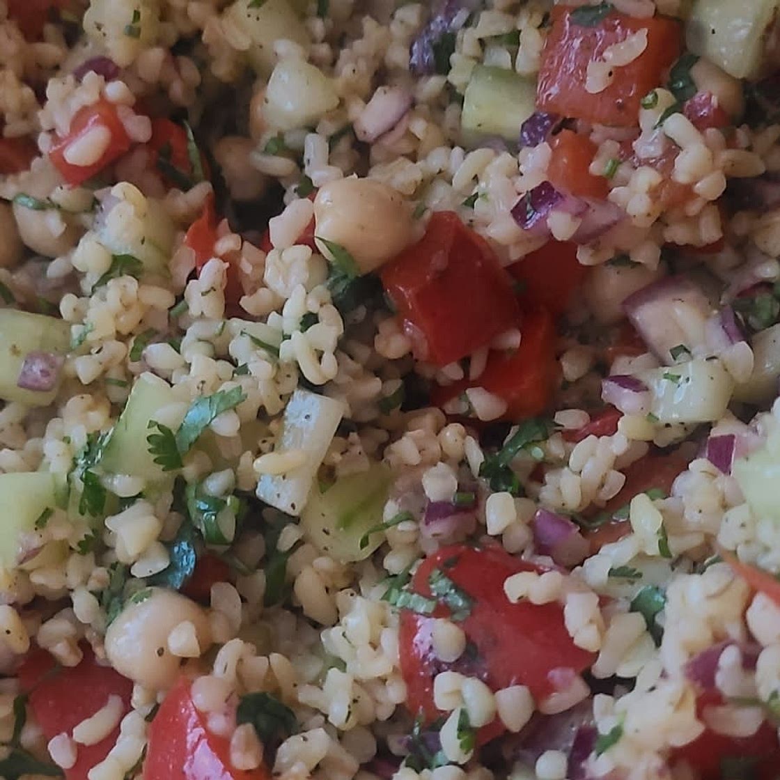 Bulgur Salad with Cucumbers, Red Peppers, Chick Peas, Lemon & Dill