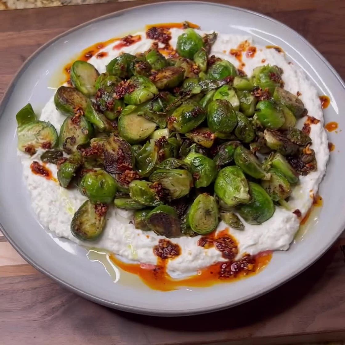 Brussel Sprouts with Whipped Feta and Chili Oil